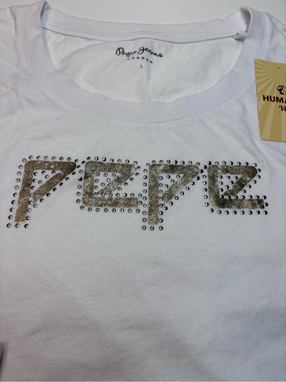 Pepe Jeans London Maggie White Tee with Gold Metallic Logo and Silver Studs NWOT